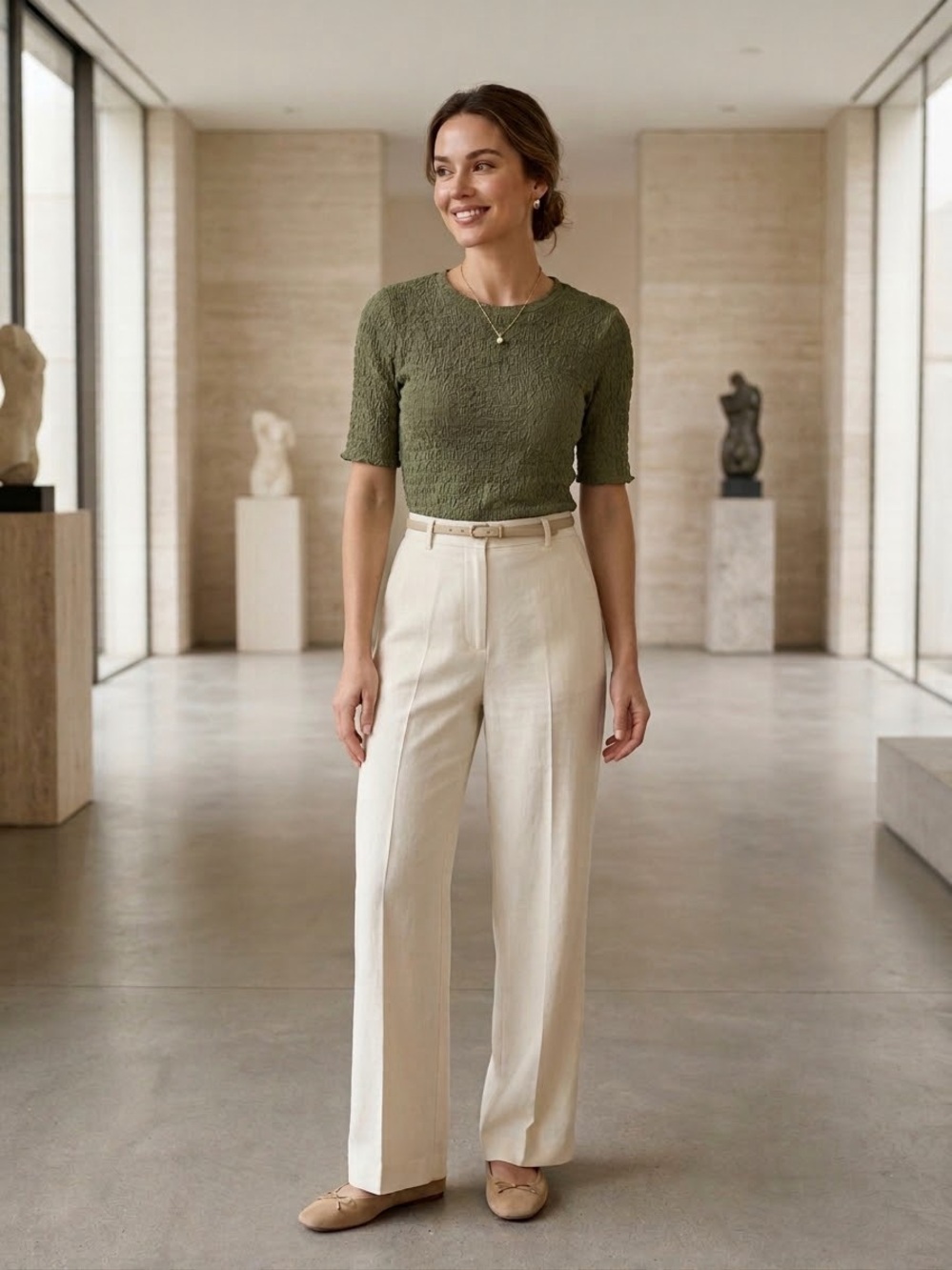 Sanctuary Olive Green Smocked Textured Short Sleeve Top S Earthy Minimalist Work